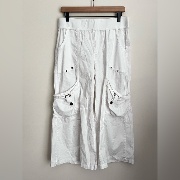 XCVI FAULKNER Cotton Wide Leg Crop Ruched Pants Cargo Pockets white M - Picture 3 of 8